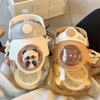 Детские бутылки для воды с соломинкой для девочек, 820 мл, большая емкость, милая детская бутылка с рисунком Kawaii для школьников, школьных путешествий 820ml коричневый