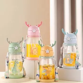 Детские бутылочки для воды с соломой, детская чашка, герметичная детская чашка для воды, чашка с рогами, креативные мультяшные чашки для кормления детей на открытом воздухе 580ml