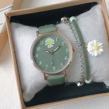 Детские часы Daisy в стиле Харадзюку, простые кварцевые, кожаные, зеленые, розовые, для девочек с браслетом, подарочная коробка для часов