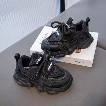 Детские черные кроссовки для мальчиков, новые кроссовки для пап с мягкой подошвой, дышащие и легкие, для детей старшего возраста 26