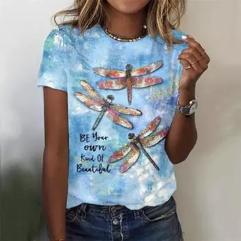 Детские Девочка Летние Топы с Принтом Бабочек Короткий Рукав Повседневные Круглый Вырез Модная Одежда 110