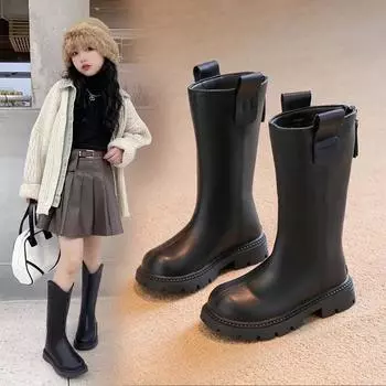 Детские длинные и высокие зимние сапоги нового стиля с добавлением флиса, два хлопковых кожаных сапога для девочек 27 чёрный