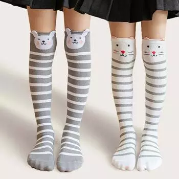 Детские длинные носки для детей, носки с рисунком лисы и милым котом для детей, гольфы для девочек в полоску S белый