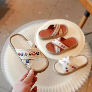 Детские домашние тапочки для девочек, летние, принцесса, повседневные, домашние, шлепанцы, модные, в национальном стиле, детские, уличные, нескользящие тапочки 26 коричневый