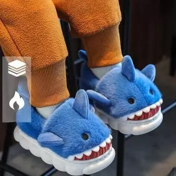 Детские домашние тапочки из мягкого бархата с рисунком акулы для дома и теплых хлопковых тапочек 24/25 inner length 16CM синий