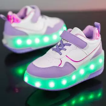 Детские двухколесные съемные плоские перезаряжаемые светодиодные светящиеся кроссовки розовые женские светящиеся кроссовки 28 белый