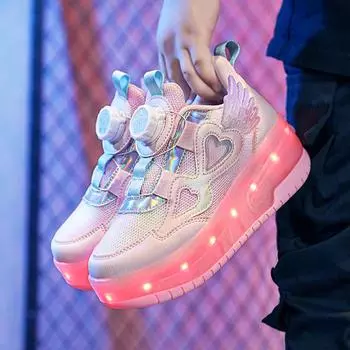 Детские двухколесные туфли с мигающим каблуком и вращающейся пряжкой Size 35