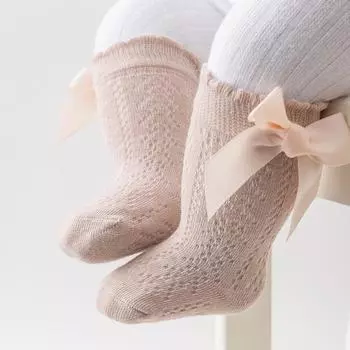 Детские дышащие сетчатые носки, однотонные, милые, с бантом, чулки принцессы для малышей, новорожденных девочек, повседневные чулки для лета S(0-1Y) белый