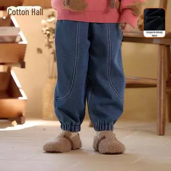 Детские джинсовые брюки Cotton Hall 2024 осень/зима: Теплые, с бархатной подкладкой, для младенцев и детей 110 джинсовый синий