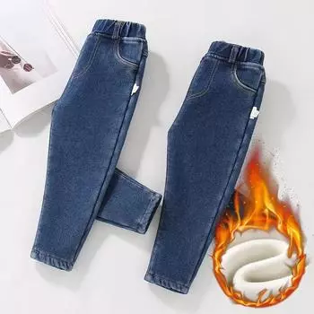 Детские джинсы, бархатные штаны для мальчиков, детские осенне-зимние однотонные джинсовые джинсы для девочек с комбинированным ворсом 2T(90cm) синий
