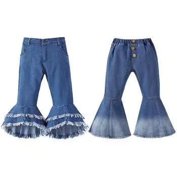 Детские джинсы для девочек, расклешенные брюки с эластичной резинкой на талии, детские джинсовые брюки 120