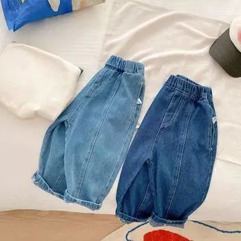 Детские джинсы, повседневные однотонные прямые джинсовые брюки 120