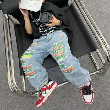 Детские джинсы прямого кроя с рваными краями 2024 года — модный уличный стиль для младенцев и детей 130cm