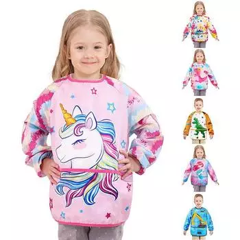 Детские фартуки для девочек, водонепроницаемый детский комбинезон с рисунком для девочек, с длинными рукавами и 3 карманами Unicorn