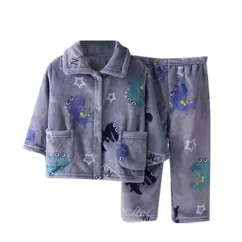 Детские фланелевые пижамные комплекты для мальчиков, осенне-зимние теплые топы с отворотами и длинными рукавами с принтом динозавра и штаны, комплекты детской одежды для сна 100