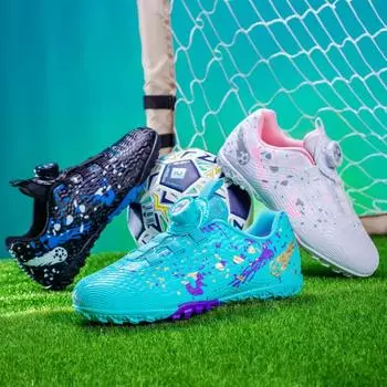 Детские футбольные бутсы без шнурков, профессиональные тренировочные бутсы для мальчиков, учеников начальной и средней школы, с защитой от сломанных ногтей. Вращающаяся кнопка для 28