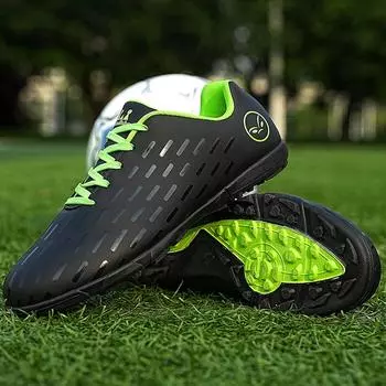 Детские футбольные бутсы, кожаные, с короткими ногтями, для профессионального обучения, мужские уличные футбольные бутсы для молодежи 32 чёрный/флуоресцентный зеленый