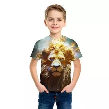 Детские футболки, эластичная футболка с цветным рисунком льва, дышащая, удобная, подходит для активного отдыха, повседневная детская одежда 140