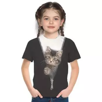 Детские футболки. Детская свободная, удобная, дышащая, милая повседневная футболка с принтом животных для девочек. Футболка с короткими рукавами. 110