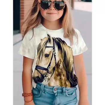 Детские футболки. Детская свободная, удобная, дышащая, милая повседневная футболка с принтом животных для девочек. Футболка с короткими рукавами. 110