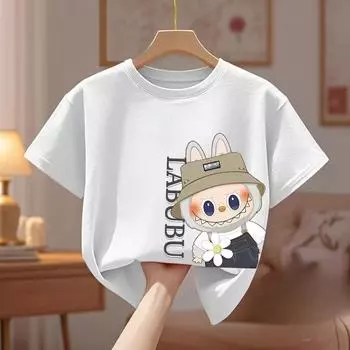 Детские футболки из чистого хлопка Labubu, топы с коротким рукавом для мальчиков и девочек на лето 90