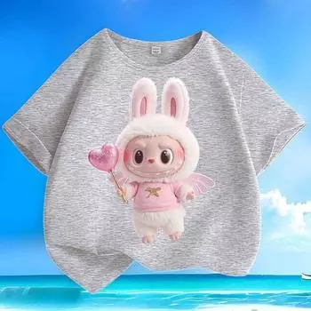 Детские футболки из чистого хлопка Labubu, топы с коротким рукавом для мальчиков и девочек на лето 100 серый