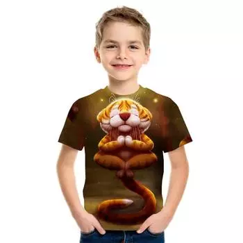 Детские футболки, летние футболки с круглым вырезом и принтом в виде 3D животных, кошек, тигров, акул, модные повседневные футболки с короткими рукавами для мальчиков 110