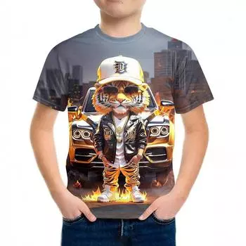 Детские футболки, летние, с круглым вырезом, с принтом 3D-тигра, модные и повседневные, с короткими рукавами, детские футболки для мальчиков 110