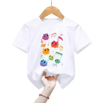 Детские футболки Meowlody с героями мультфильмов, радужная музыкальная футболка с принтом кота для девочек и мальчиков, От 2 до 13 лет, детская одежда с короткими рукавами с мультяшным животным котом 2T(90cm) белый