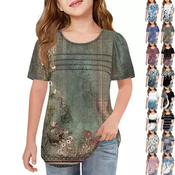 Детские футболки-поло Летнее пальто для отдыха с короткими рукавами Футболка с круглым воротником и принтом 130 хаки