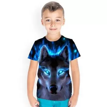 Детские футболки с 3D принтом волка, детская повседневная спортивная футболка унисекс с короткими рукавами и футболкой для мальчиков 100