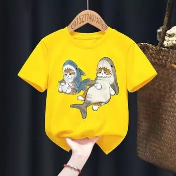 Детские футболки с милым принтом акулы и кота, детская одежда Kawaii, топы для мальчиков и девочек, подарок, модные топы с круглым вырезом 110cm чёрный