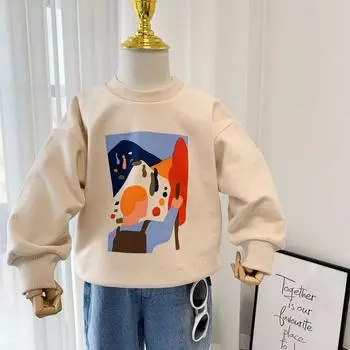 Детские футболки с принтом для мальчиков и девочек, весенне-осенние топы унисекс с длинными рукавами и круглым вырезом с мультяшным принтом 90cm бежевый