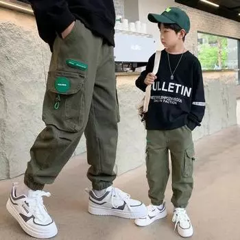 Детские хлопковые длинные брюки, детские повседневные прямые брюки, эластичные брюки со средней талией для маленьких мальчиков, весенне-осенняя детская одежда 170 чёрный