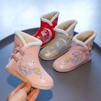 Детские хлопковые сапоги для девочек с вышитым кроликом 2024 года, детские зимние сапоги из теплого толстого плюша с мехом в китайском стиле 25
