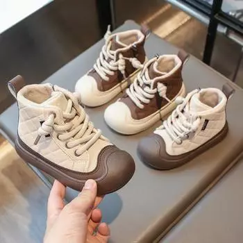 Детские хлопковые сапоги, теплые, универсальные, зимние сапоги для девочек, модные, пэчворк, нескользящие, школьные, повседневные, детские, плюшевые сапоги, боковая молния 26 бежевый