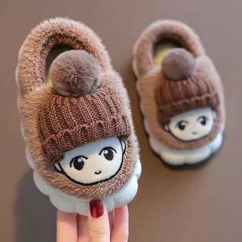 Детские хлопковые тапочки, милые домашние теплые нескользящие детские меховые тапочки с героями мультфильмов, модные домашние мягкие тапочки 22-23 серый