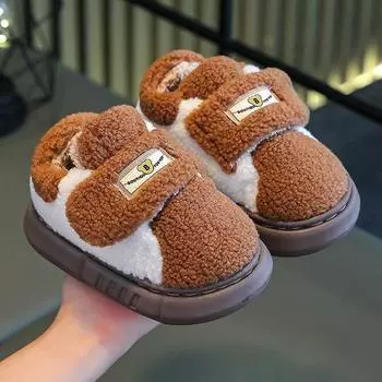 Детские хлопковые тапочки, милые домашние теплые нескользящие детские меховые тапочки с героями мультфильмов, модные домашние мягкие тапочки 24-25 чёрный