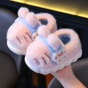 Детские хлопковые тапочки, милые домашние теплые нескользящие детские меховые тапочки с героями мультфильмов, модные домашние мягкие тапочки 22-23 розовый