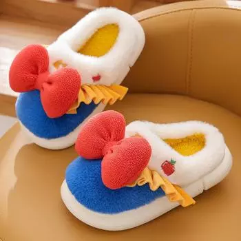 Детские хлопковые тапочки, женские домашние нескользящие теплые тапочки принцессы с милым бантом для детей среднего и старшего возраста, зимние меховые тапочки для родителей и детей 26-27 синий