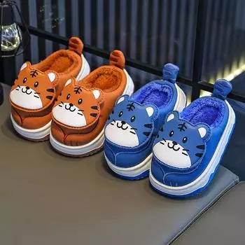 Детские хлопковые тапочки зимние для дома с плюшевой подошвой 24/25 синий