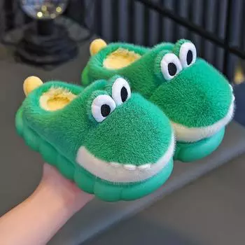 Детские хлопковые тапочки зимние для дома с плюшевой подошвой 22/23 зелёный