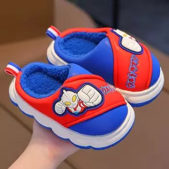 Детские хлопковые тапочки зимние для дома с плюшевой подошвой 22-23 синий