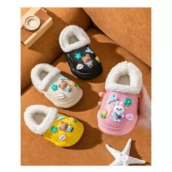 Детские хлопковые тапочки, зимние, теплые, для дома, для родителей и детей, для мужчин и женщин, нескользящие, съемные, меховые, пещерные туфли 22-23 чёрный