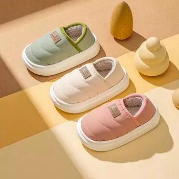 Детские хлопковые тапочки, зимняя сумка для девочек, малышей и мальчиков, домашняя пушистая обувь, теплая водонепроницаемая кожаная поверхность 21 бежевый