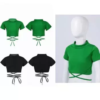 Детские хлопковые топы на бретелях с круглым вырезом для девочек, с короткими рукавами, костюм для джазовых танцев, сценический костюм, спортивный укороченный топ с завязками на талии 7-8 Years чёрный