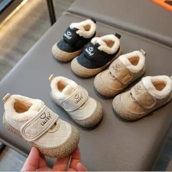 Детские хлопковые туфли First Walkers Smiling Face 2024 зимние теплые низкие кроссовки для мальчиков с нескользящей мягкой подошвой для детей на открытом воздухе из хлопка 16-Inner-12cm хаки