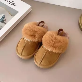 Детские хлопковые туфли на резинке, детские повседневные тапочки, однотонные, плюшевые, теплые, для мальчиков и девочек, зимние тапочки 2024 года, новинка 26 чёрный