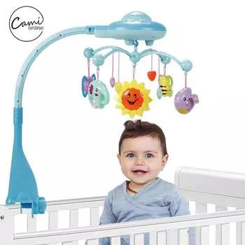 Детские игрушки для кроватки, мобильная музыкальная мигающая кровать, колокольчики, погремушки, кольцо со звездой, вращающийся кронштейн, выступающий синий