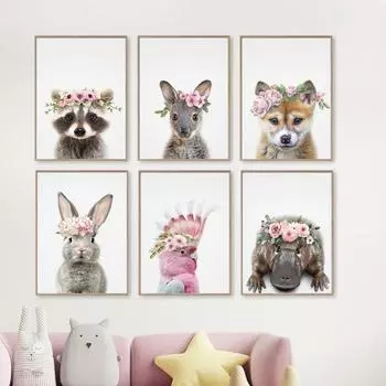 Детские кенгуру Утконос Банни Какаду Детская настенная живопись на холсте Плакаты и принты Настенные картины для детской комнаты Домашний декор A4 21X30cm No Framed